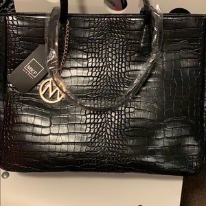 Mia Farrow Croco Embossed Black Tote.